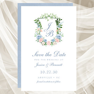 Budget Dusty Blue Floral Crest Save the Date