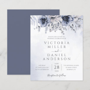 Budget Dusty Blue Floral Elegant Wedding Invite