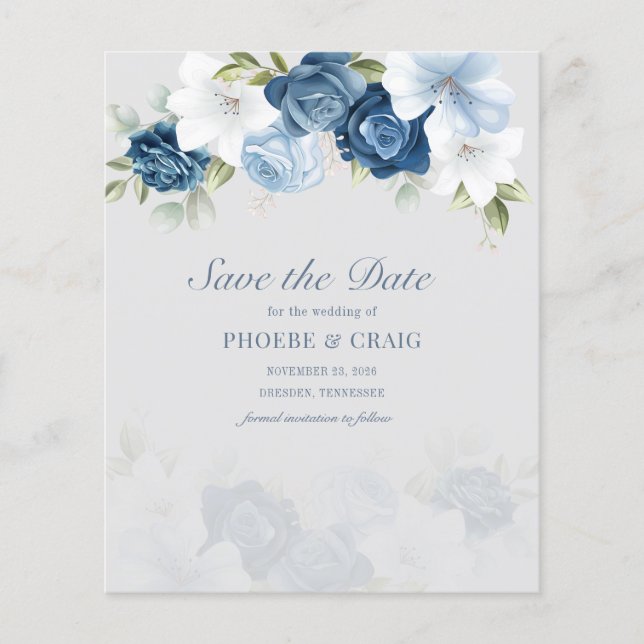 Budget Dusty Blue Floral Eucalyptus Save The Date (Front)