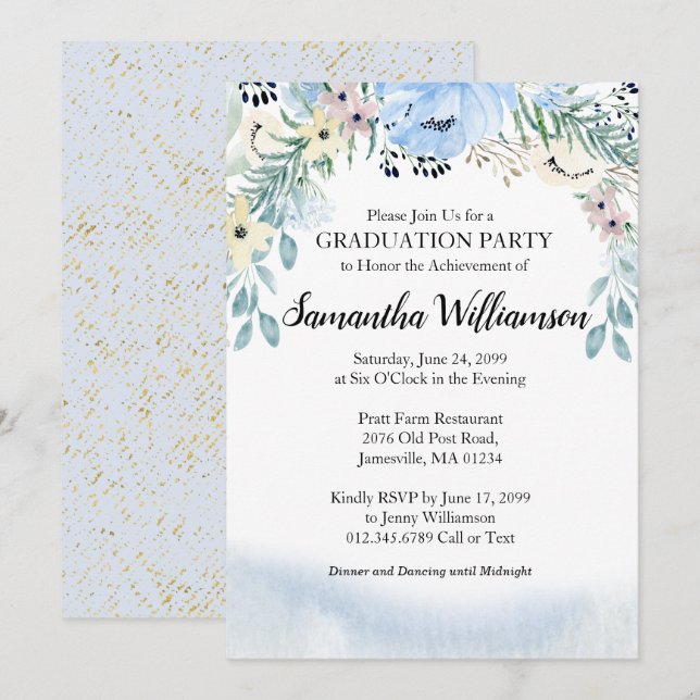 Budget Dusty Blue Floral Graduation Party Invitation (Front/Back)