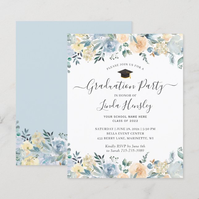 Budget Dusty Blue Floral Graduation Party Invite (Front/Back)