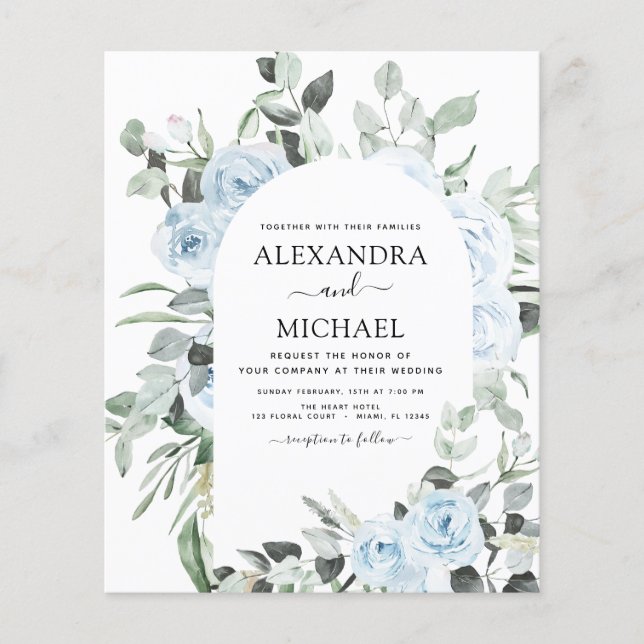 Budget Dusty Blue Floral Greenery Wedding Flyer (Front)