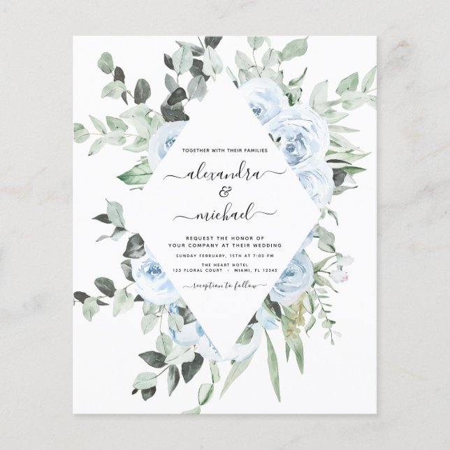Budget Dusty Blue Floral Greenery Wedding Flyer (Front)