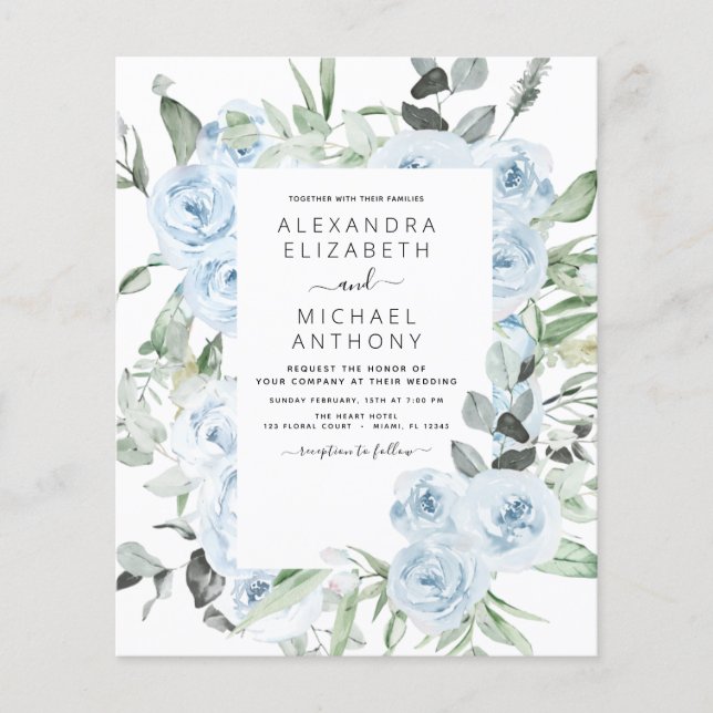 Budget Dusty Blue Floral Greenery Wedding Flyer (Front)