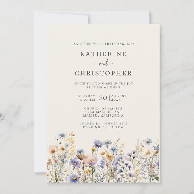 Budget Dusty Blue Floral Ivory All-In-One Wedding Invitation (Front)
