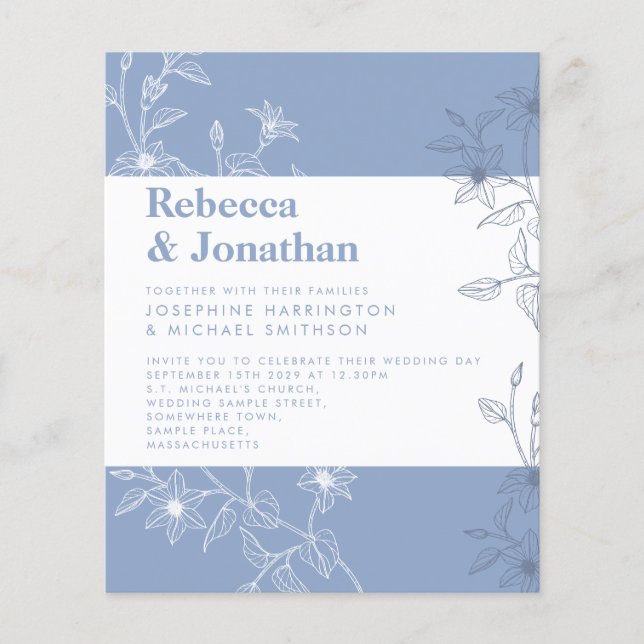 Budget Dusty Blue Floral Paper Wedding Invitation (Front)
