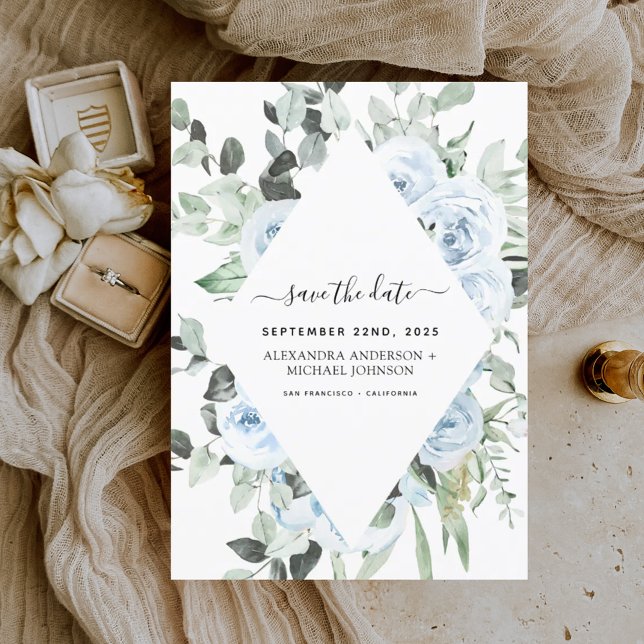 Budget Dusty Blue Floral Save the Date Greenery (Creator Uploaded)