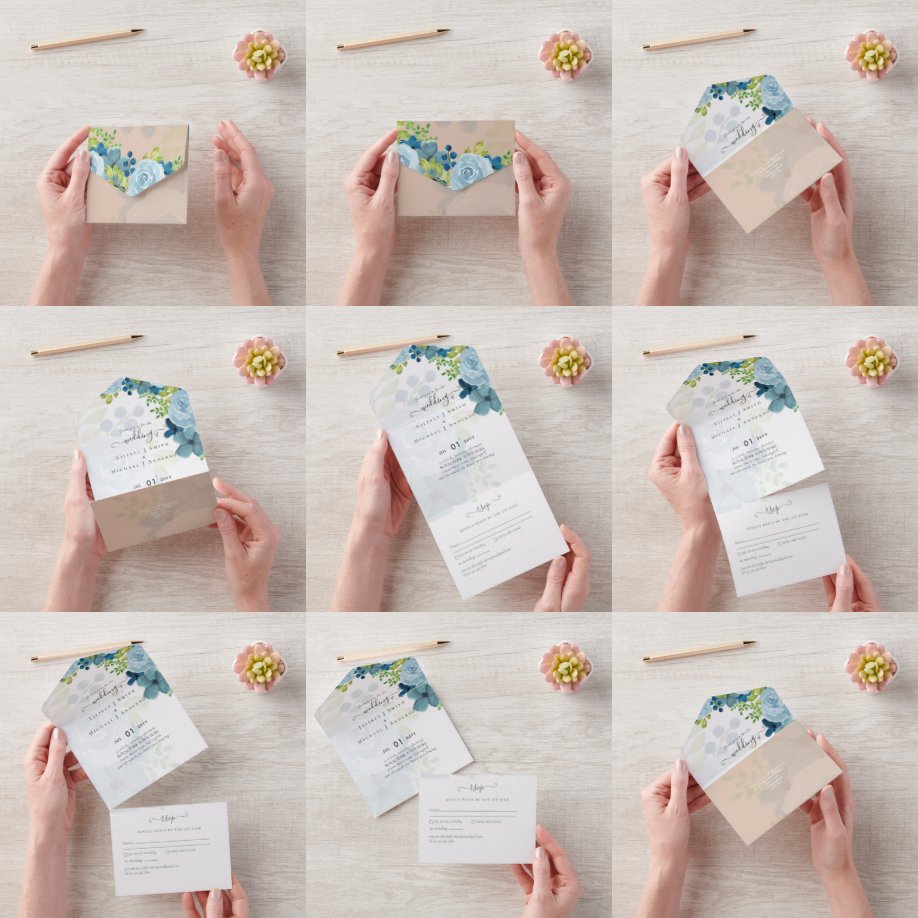 Budget Dusty Blue Floral Wedding All In One Invitation