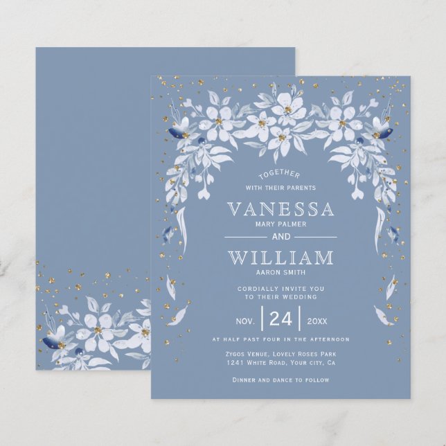 BUDGET dusty blue floral wedding invitation        (Front/Back)