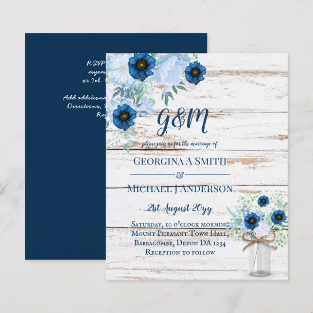 BUDGET Dusty Blue Floral Wedding Invite (Front/Back)