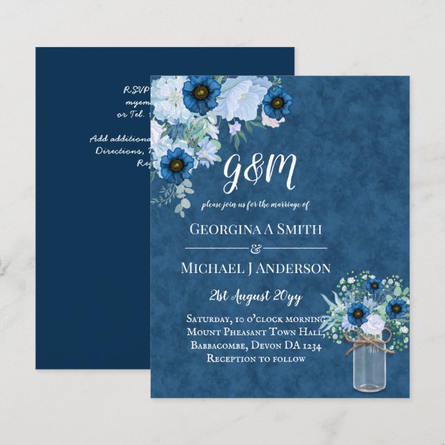 BUDGET Dusty Blue Floral Wedding Invite (Front/Back)
