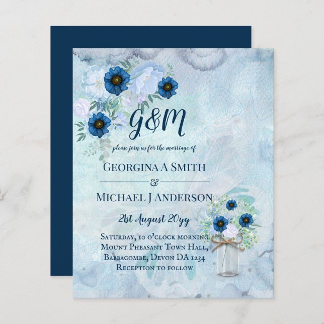 BUDGET Dusty Blue Floral Wedding Invite (Front/Back)