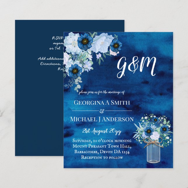 BUDGET Dusty Blue Floral Wedding Invite (Front/Back)