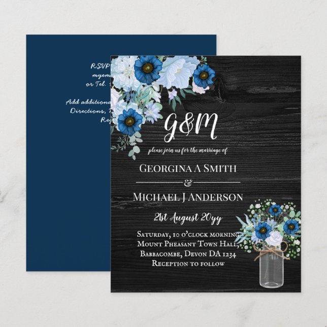 BUDGET Dusty Blue Floral Wedding Invite (Front/Back)