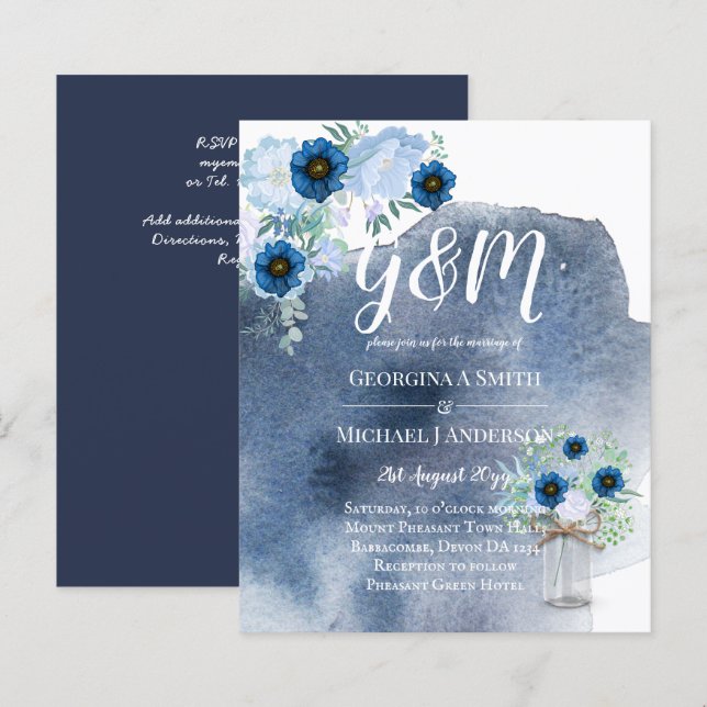 BUDGET Dusty Blue Floral Wedding Invite (Front/Back)