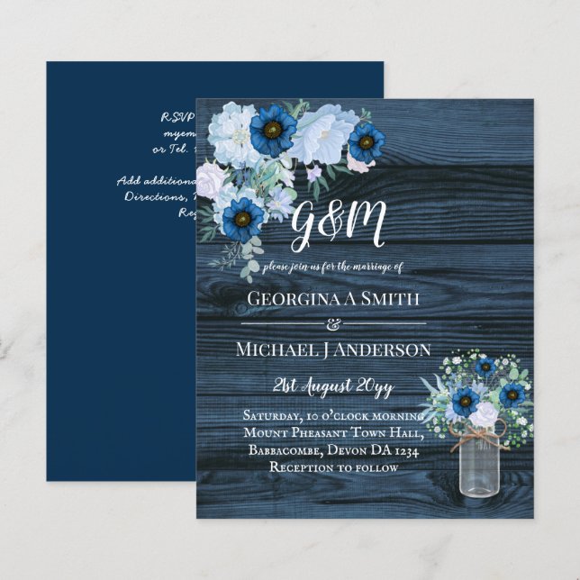 BUDGET Dusty Blue Floral Wedding Invite (Front/Back)