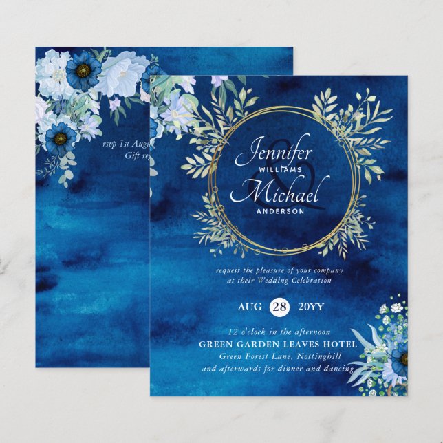 BUDGET Dusty  Blue Floral Wedding Invite (Front/Back)