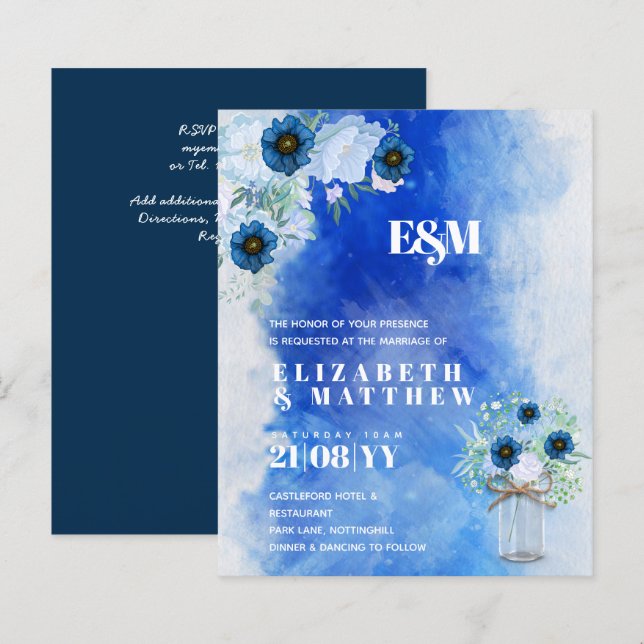 BUDGET Dusty Blue Floral Wedding Invites (Front/Back)