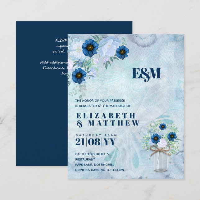BUDGET Dusty Blue Floral Wedding Invites (Front/Back)