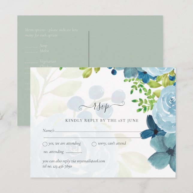 Budget Dusty Blue Floral Wedding Postcard (Front/Back)