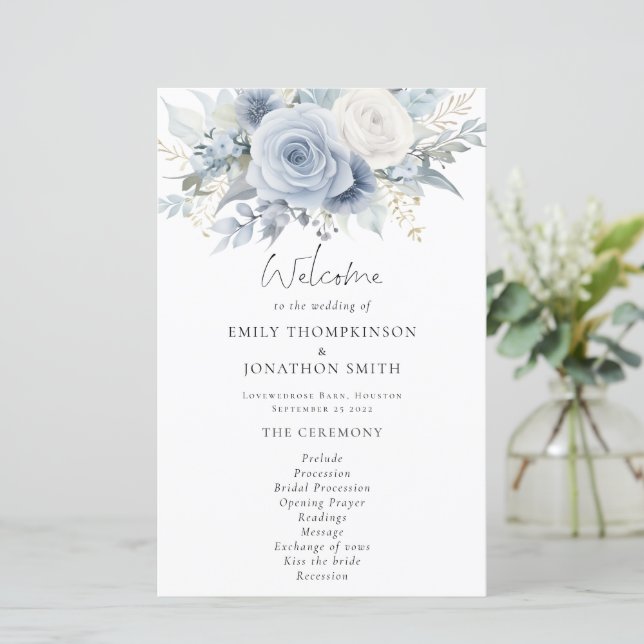 Budget Dusty Blue Florals Wedding Program (Standing Front)