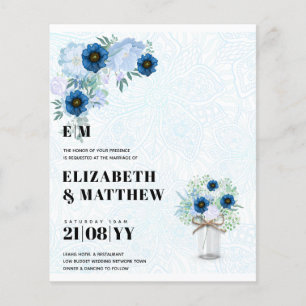 Budget Dusty Blue Flowers Mason Jar Wedding Invite Flyer