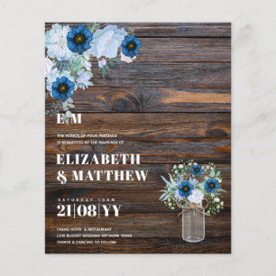 Budget Dusty Blue Flowers Mason Jar Wedding Invite Flyer