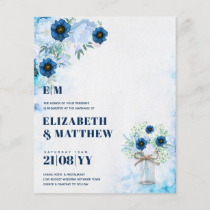 Budget Dusty Blue Flowers Mason Jar Wedding Invite Flyer