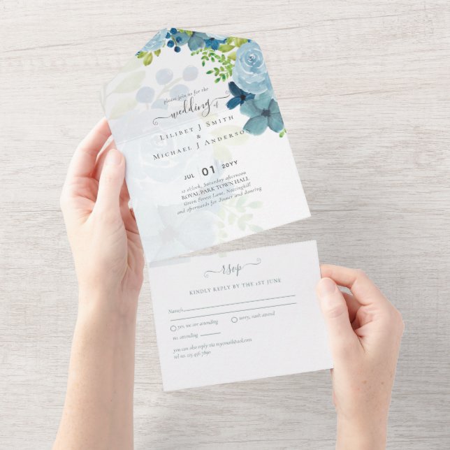 Budget Dusty Blue Flowers Sage Wedding All In One Invitation (Tearaway)