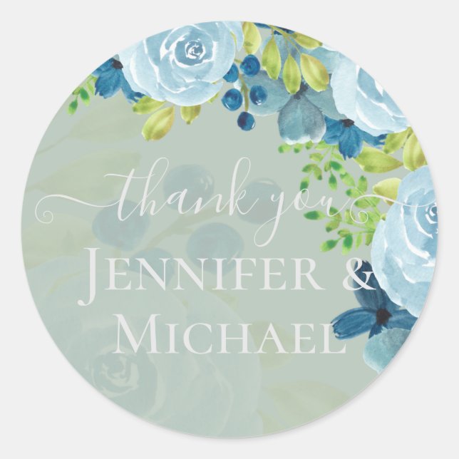 Budget Dusty Blue Flowers Sage Wedding Classic Round Sticker (Front)