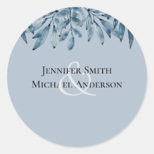 Budget DUSTY BLUE Foliage Wedding Classic Round Sticker