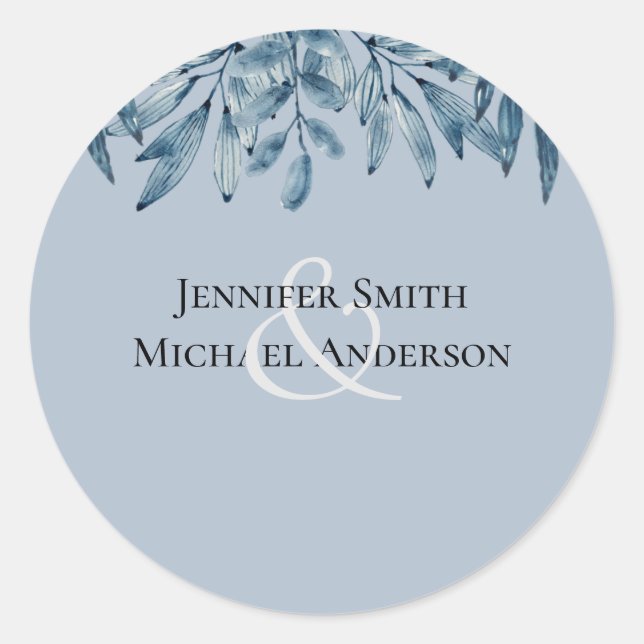 Budget DUSTY BLUE Foliage Wedding Classic Round Sticker (Front)