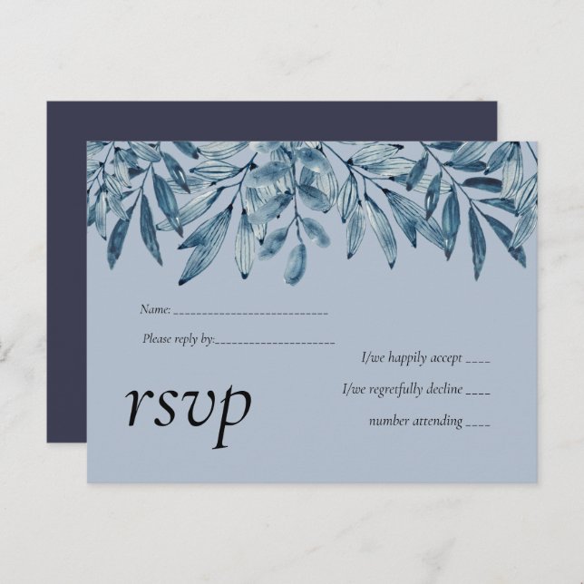 Budget DUSTY BLUE Foliage Wedding RSVP Invitation Postcard (Front/Back)