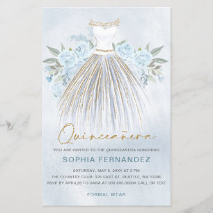 Budget Dusty Blue Gold Dress Quinceañera Invite
