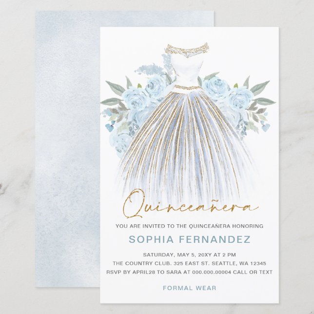 Budget Dusty Blue gold Dress Quinceañera Invite (Front/Back)