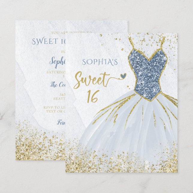 Budget Dusty Blue Gold Dress Sweet 16 Invitation (Front/Back)