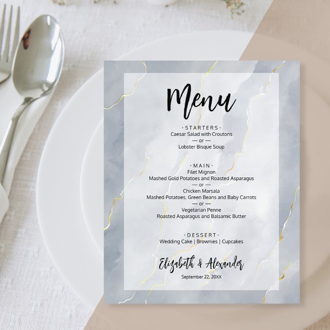 Budget Dusty Blue Gold Marble Wedding Menu (Creator Uploaded)
