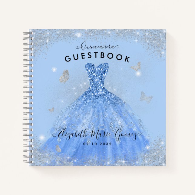 Budget Dusty Blue Grey Gown Quinceanera Guestbook  Notebook (Front)