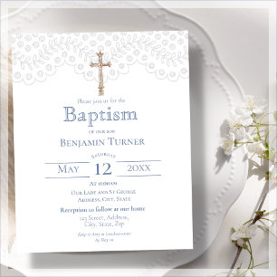 Budget Dusty Blue Lace Baptism Invitation