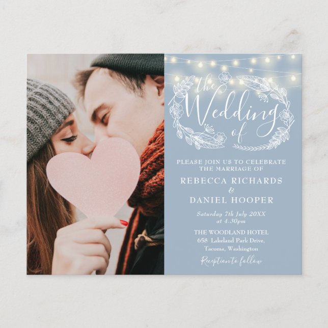 Budget Dusty Blue Lights Photo Wedding Invite (Front)