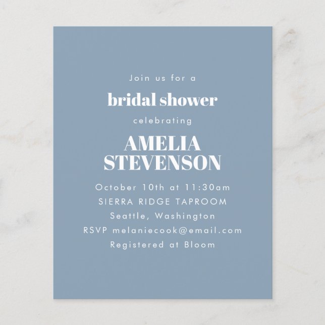 Budget Dusty Blue Minimalist Bridal Shower Invite (Front)