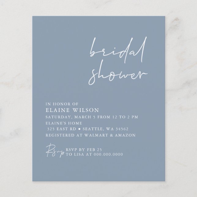 Budget Dusty Blue Modern Bridal Shower Invitation (Front)