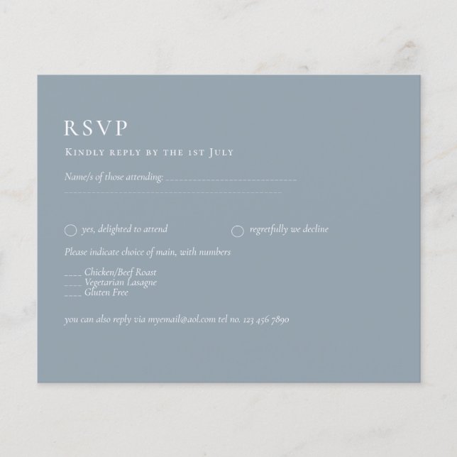 Budget Dusty Blue Monochrome Wedding RSVP Flyer (Front)
