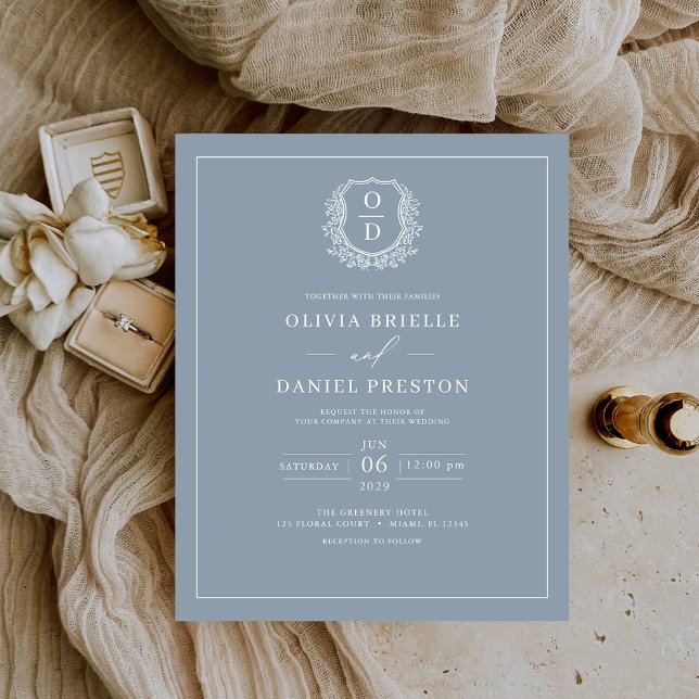 Budget Dusty Blue Monogram Wedding Invitation (Creator Uploaded)