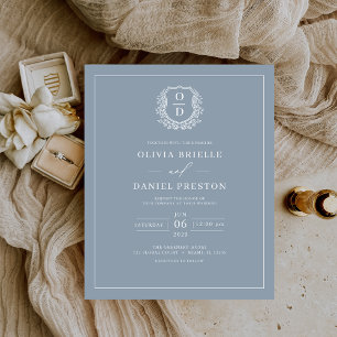 Budget Dusty Blue Monogram Wedding Invitation Flyer