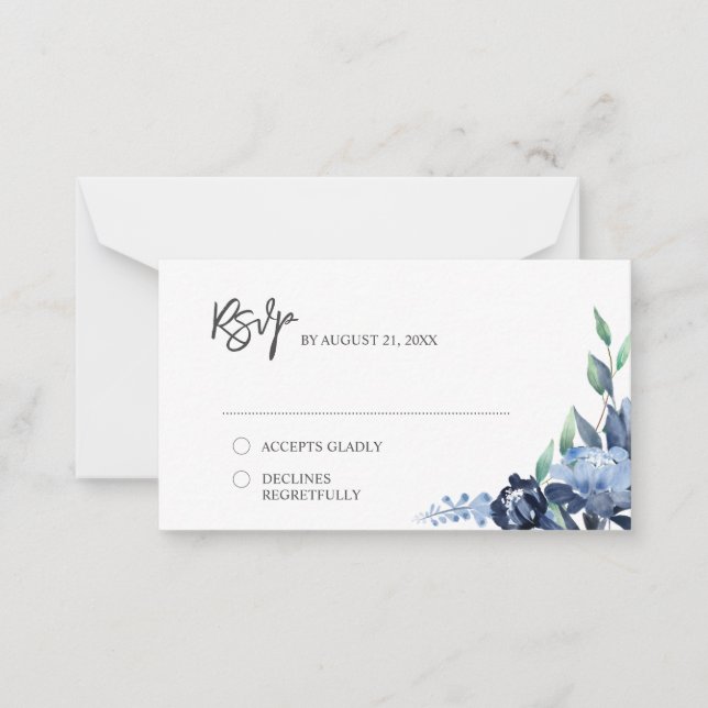 BUDGET Dusty Blue Navy Floral Wedding RSVP Card (Front)