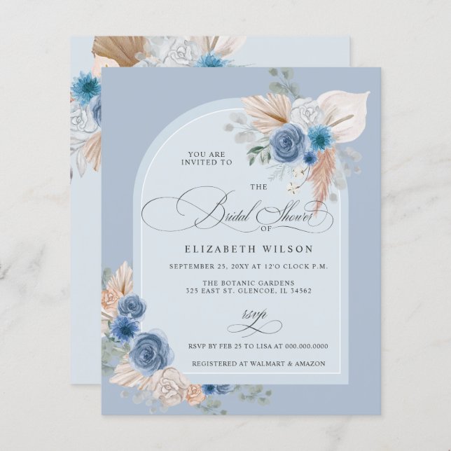 Budget Dusty Blue Pampas Bridal Shower Invitation (Front/Back)