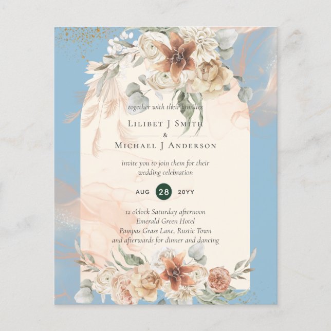 BUDGET Dusty Blue Pampas Grass Wedding Flyer (Front)