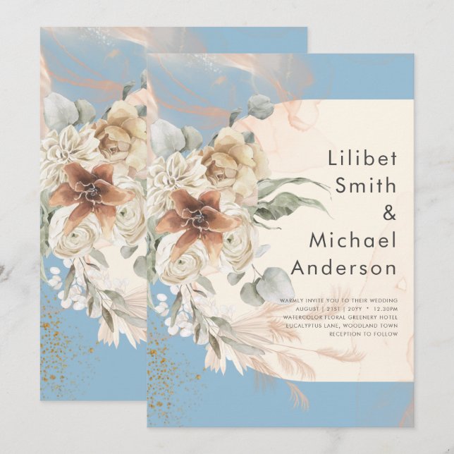 BUDGET Dusty Blue Pampas Grass Wedding Invitation (Front/Back)