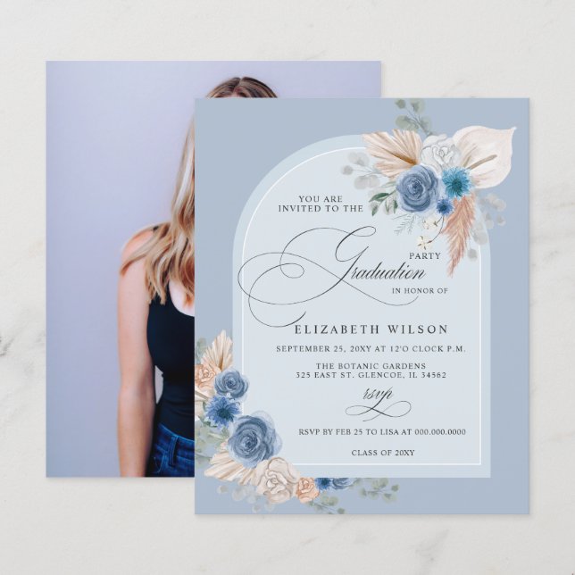 Budget Dusty Blue Pampas Photo Graduation Invite (Front/Back)